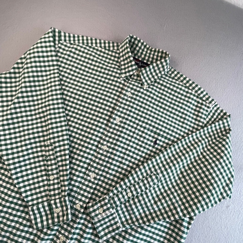 Ralph Lauren Mens Gingham Check Button‎ Down Shirt Green White Cotton